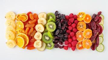 ai gegenereerd een kleurrijk assortiment van droog fruit geregeld elegant Aan een schoon wit achtergrond foto