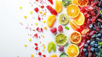 ai gegenereerd een kleurrijk verspreiding van droog fruit gelegd uit Aan een schoon wit achtergrond foto