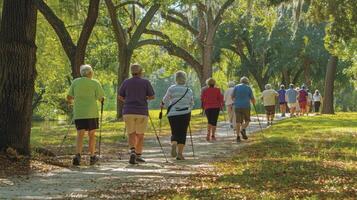 ai gegenereerd senior wandeling in groen bossen foto