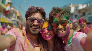 ai gegenereerd vrienden vieren Bij kleur festival foto