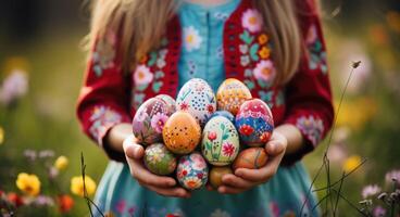 ai gegenereerd een kind Holding een mand van versierd eieren in natuur foto