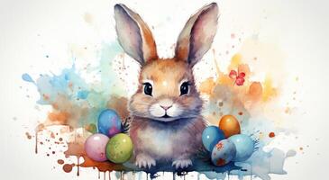 ai gegenereerd een gelukkig Pasen groet kaart met een konijn in gras foto