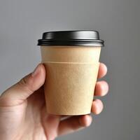 ai gegenereerd een man's hand- Holding een beschikbaar papier koffie kop voor afhaalmaaltijd foto