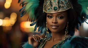 ai gegenereerd Afrikaanse vrouw gekleed in kleurrijk carnaval kostuum en hoeden foto