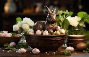 ai gegenereerd chocola konijn in een mand met chocola eieren foto