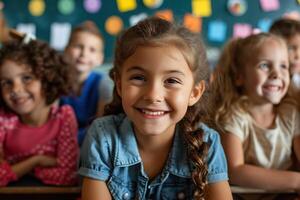 ai gegenereerd gelukkig kinderen in een klas Bij de school. generatief ai foto