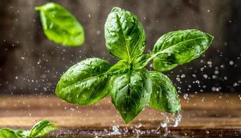 vliegend vers natuurlijk basilicum bladeren Aan houten backdrop foto