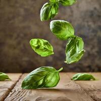 vliegend vers natuurlijk basilicum bladeren Aan houten backdrop foto