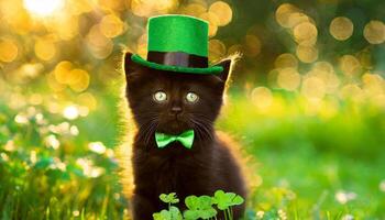 ai gegenereerd katje in groen top hoed, groen gras Aan achtergrond, st. Patrick dag concept foto