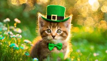 ai gegenereerd katje in groen top hoed, groen gras Aan achtergrond, st. Patrick dag concept foto