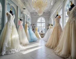 ai gegenereerd een verzameling van verschillend stijl bruiloft jurken vitrines verschillend stijlen in bruids winkel foto