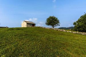 stenen schuilplaats tussen de groene weiden op de bergen foto