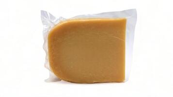 een Parmezaanse kaas kaas driehoek in een transparant plastic inpakken met zacht schaduwen staat Aan een wit achtergrond. vacuüm plastic zak met kaas. model, verpakking sjabloon met knipsel pad. foto