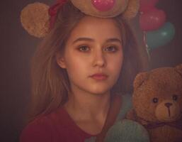 ai gegenereerd portret van een meisje met een speelgoed- beer. foto
