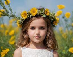 ai gegenereerd portret van een meisje met geel bloemen. foto