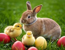 ai gegenereerd Pasen konijn en weinig kuiken Aan een groen weide. foto