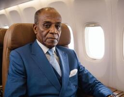 ai gegenereerd Afrikaanse zakenman in een vliegtuig foto