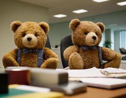 ai gegenereerd beeld van een speelgoed- beer met snoepgoed in de kantoor. ai generatie foto
