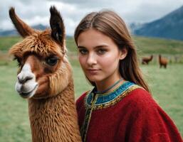 ai gegenereerd mooi vrouw met bruin lama. foto