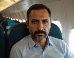 ai gegenereerd portret van een verdrietig Armeens Mens in een klassiek overhemd Aan een vliegtuig. foto