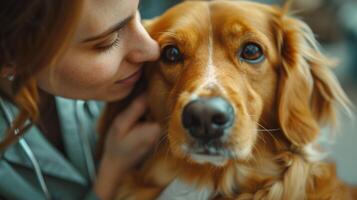 ai gegenereerd dierenarts voorzichtig onderzoeken een hond in een kliniek, met detailopname Aan hun handen controle de honden oren, omringd door veterinair hulpmiddelen, presentatie van de zorg en toewijding van dier geliefden foto