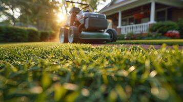 ai gegenereerd een gazon maaier werken door de weelderig groen gras van een voorkant tuin foto