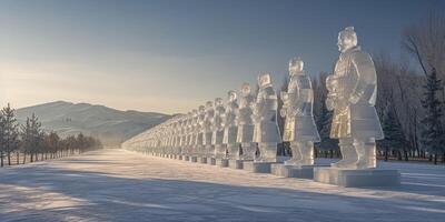 ai gegenereerd ijzig voogden, terracotta krijgers gebeeldhouwd in ijs, staand majestueus in een besneeuwd landschap foto