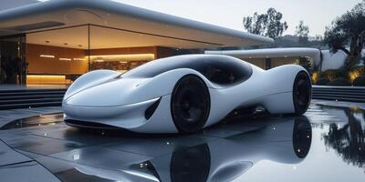 ai gegenereerd futuristische elegantie, 2030 concept auto in filmische eenvoud foto