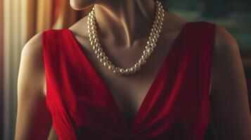 ai gegenereerd een elegant vrouw opnieuw gedefinieerd in stralend rood en lichtgevend parels foto