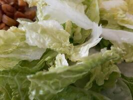 eigengemaakt maaltijd. vers groen salade, details Aan een bord foto
