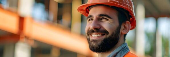 ai gegenereerd portret van een glimlachen mannetje bouw arbeider Aan een gebouw projecteren, generatief ai foto