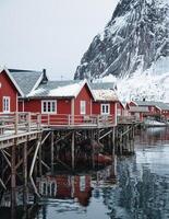 rood huisje visvangst dorp Aan kustlijn in winter Bij lofoten eilanden foto