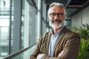 ai gegenereerd portret van een geslaagd en glimlachen senior zakenman consultant op zoek Bij de camera foto