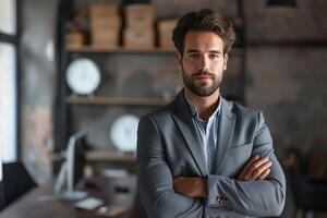 ai gegenereerd portret van een geslaagd en glimlachen senior zakenman consultant op zoek Bij de camera foto