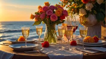 ai gegenereerd tafel, bril van Champagne, mooi bloemen, zee foto