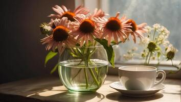 ai gegenereerd mooi kop van thee, echinacea bloem foto