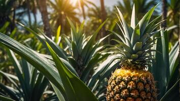 ai gegenereerd oogst van vers ananas groeit in de tuin foto