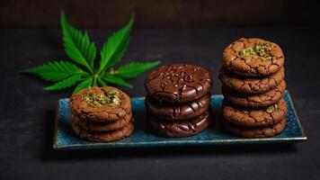 ai gegenereerd heerlijk chocola koekjes, marihuana blad foto