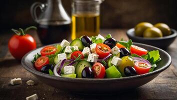 ai gegenereerd heerlijk Grieks salade in een bord in de keuken foto
