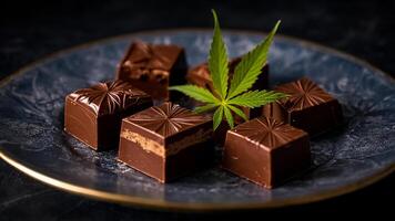 ai gegenereerd heerlijk chocola met marihuana blad Aan donker achtergrond foto