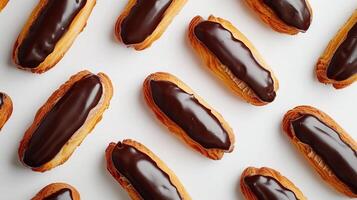 ai gegenereerd eclairs, in de rij gaan staan van chocolade-geglazuurd eclairs gevulde met romig gebakje room, achtergrond afbeelding, generatief ai foto