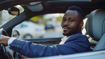 ai gegenereerd portret van een gelukkig zwart zakenman het rijden een luxe auto, generatief ai foto