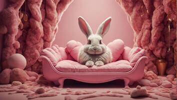 ai gegenereerd schattig konijn in een roze kamer foto