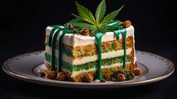 ai gegenereerd heerlijk taart, marihuana blad foto