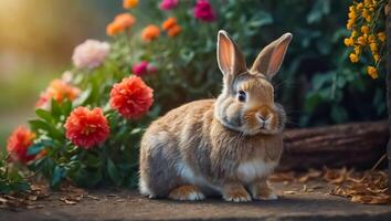ai gegenereerd schattig pluizig konijn met bloemen foto
