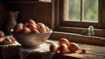 ai gegenereerd vers eieren in een bord in de keuken foto