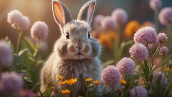 ai gegenereerd schattig pluizig konijn met bloemen foto