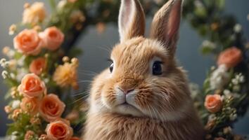 ai gegenereerd schattig pluizig konijn met bloemen foto