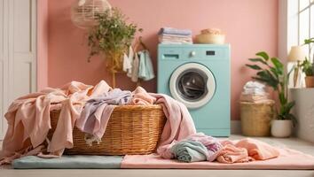 ai gegenereerd mand met gekleurde wasserij voor het wassen in wasserij kamer foto