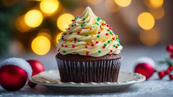 ai gegenereerd heerlijk cupcakes met room Aan de tafel foto